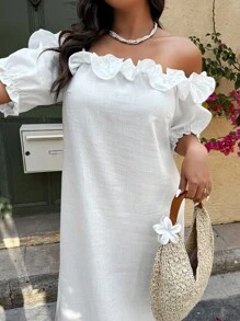 SHEIN Unity Plus Size Holiday Casual Solid Color Off-Shoulder Side Split Dress