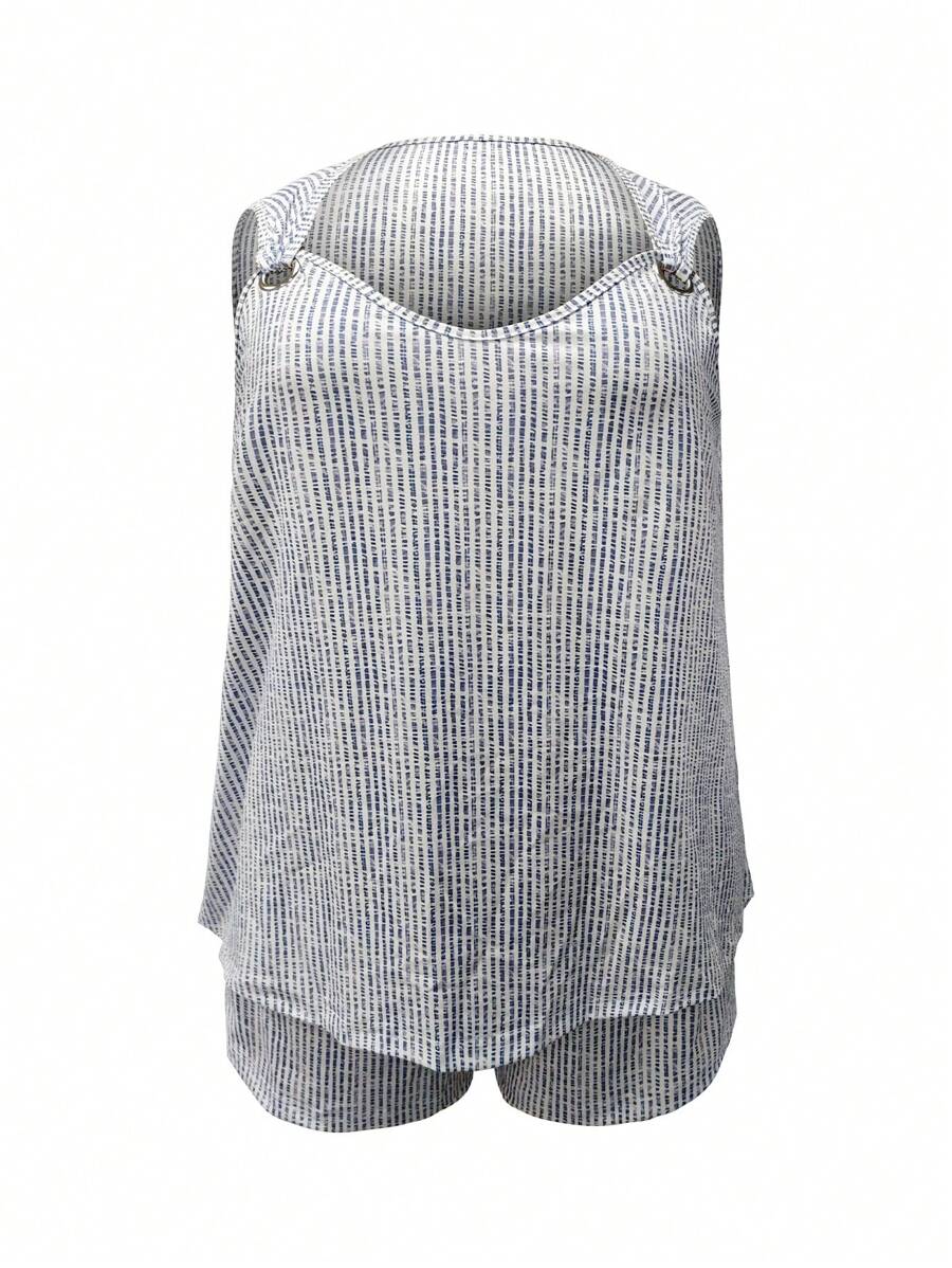 SHEIN 2pcs/Set Plus Size Women Metal Ring Striped Round Neck Tank Top And Elastic Waist Shorts - Multicolor - View 1