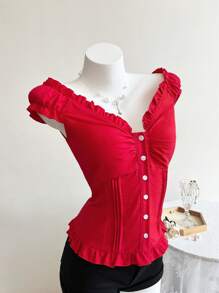 Elamini Blusa de mujer de manga corta con cuello en V, volantes y abotonadura sencilla para uso casual y de vacaciones, color rojo