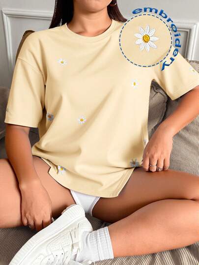 Solflare 大码海滩度假T恤，休闲蓝色雏菊刺绣短袖T恤，春夏T恤