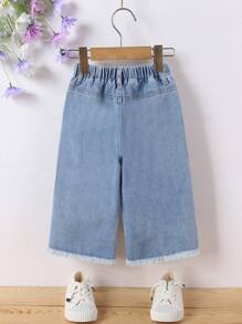 Baby Girls Contrast Y2K Street Urban Elastic Waist Wide Legs Jeans With Flat Pockets, Girls Daily OOTD Outfits - Light Wash - View 2