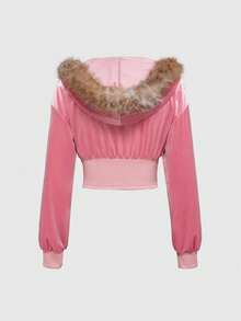 ROMWE J-Fashion 2pcs Women Velvet Y2K Rhinestone Patchwork Hooded Coat & Pants Set, Pink Outfit - Pink - View 8