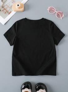 HELLO KITTY AND FRIENDS | SHEIN 年轻女孩卡通印花圆领短袖T恤，夏季 - 黑色 - 查看 2