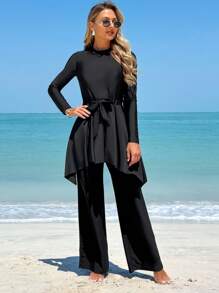 Swim Mulvari 2 pezzi Costume da bagno da donna, top a collo tondo manica lunga e pantaloni con coulisse in vita, set burkini modesto per vacanze, protettivo dal sole
