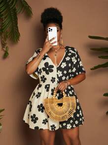 Maweii Camicia casual da vacanza a taglie comode, a fantasia floreale con inserti a contrasto di colore - Multicolore - Visualizzare 2