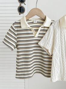 SHEIN 2 件装小男孩可爱休闲夏季百搭条纹短袖 Polo 衫，适合生日派对、典礼、婚礼、洗礼、学校、度假 - 白色 - 查看 5