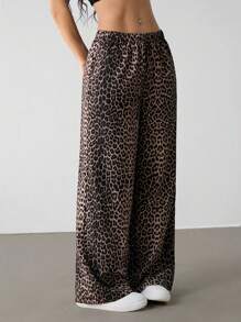 SHEIN PETITE Pantaloni larghi casual e dritti con stampa leopardata