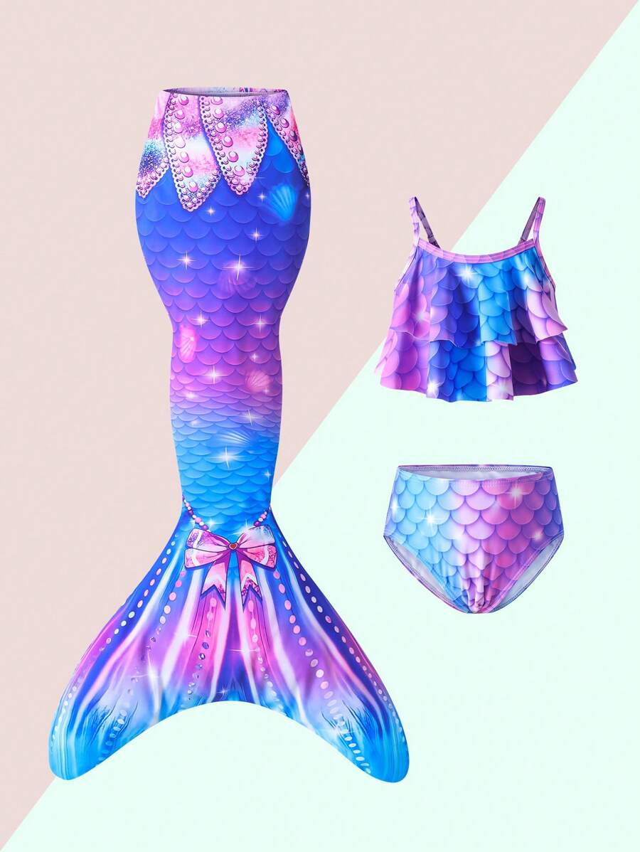Conjunto de traje de baño con estampado aleatorio de escamas de pez para niñas jóvenes