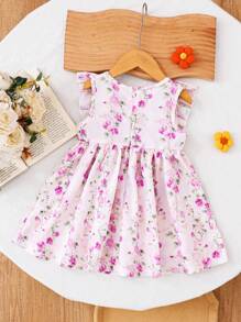 SHEIN Baby/Toddler Girls Casual Vacation Loose Comfy Woven Floral Bowknot Front Ruffle Sleeve Pink Dress, New Spring/Summer - Purple - View 2