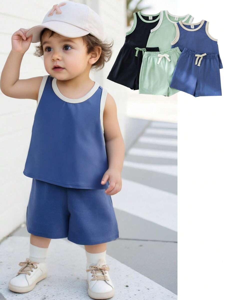 SHEIN 6 Pieces Baby Boys Set: Solid Color Knit Soft Round Neck Sleeveless Top And Elastic Waist Shorts For Boys And Girls - Multicolor - View 1