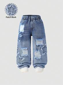 Young Boy 休闲牛仔裤，做旧，宽松松紧腰，星星刺绣，街头潮流，舒适日常穿着，百搭 - 淺色水洗藍 - 查看 6