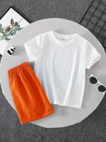 SHEIN Baby Boys/Girls Orange Cartoon Bear Graphic Round Neck Short Sleeve Pullover Top And Solid Color Shorts 2 Pieces Set, Soft And Comfortable, Fashionable Street Casual Sports Outfit, Suitable For Summer - Orange - View 3