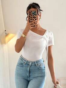 Chiquease Summer Elegant 3D Butterfly Decoration Asymmetric Collar T-Shirt - White - View 7