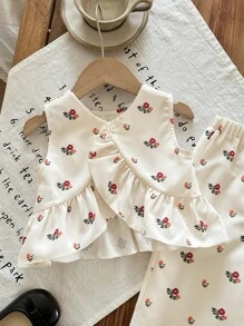 SHEIN LMoss Kids Babygirl Lovely Summer Vacation Floral Ruffled Sleeveless Top And Elastic Waist Pants Set