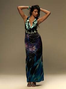 MUSERA Extreme Plunge Cowl Neck Woven Chiffon Printed Maxi Dress Summer, Vacation, Festival Outfit, Y2k