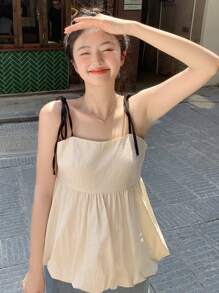 DAZY 女士撞色肩带蝴蝶结灯笼下摆吊带背心度假夏季背心娃娃装上衣 - 白色 - 查看 3