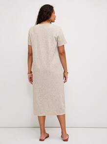 SHEIN LUNE Đầm nữ cỡ lớn màu trơn cổ tròn tay ngắn xẻ tà bên hông kiểu dáng thường ngày mùa hè, trang phục mùa hè kiểu châu Âu cho nữ, váy công sở mùa hè, quần áo mùa hè cho nữ. - Xanh và trắng - Xem 2