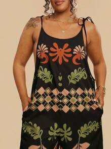 Travachic Macacão Folgado com Estampa Tropical Geométrica sem Alça com Bolsos, Estilo Casual de Férias, Verão, Plus Size para Mulheres