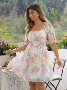 KURAYIA Plus Size Women's Puff Sleeve Square Neck Digital Print Dress - Pink - View 5