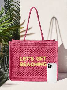SHEIN VCAY Vacation Casual Letter Embroidery Hollow-Out Tote Bag - Hot Pink - View 5