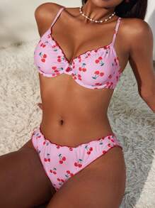 Swim Mod Conjunto de traje de baño con estampado de cerezas y volantes floral dulce para mujer