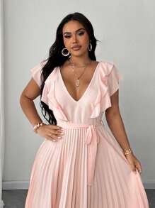 SHEIN Unity Damen Große Größen romantisches & elegantes Hochzeitsgast Kleid, V-Ausschnitt Taillenbindung Chiffon Volant plissiertes Midi Kleid - Pink - Übersicht 3
