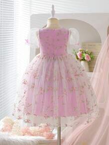 SHEIN Glamorique Kids Kleine Mädchen Blumen bestickte Mesh-BlumenKleine Mädchen Kleid mit Schleife, für Hochzeit, Feiertage, Urlaub im Sommer