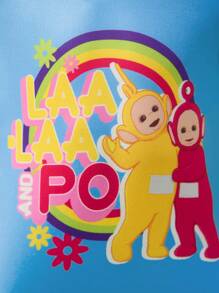 Teletubbies X SHEIN Young Girl Cartoon Rainbow Cute Ruffle Trim Blue Short Sleeve T-Shirt And Blue Denim Effect Shorts Set