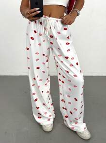 SHEIN PETITE Pantaloni casual da donna con stampa su tutto il capo e laccio frontale, stile minimalista per uso quotidiano