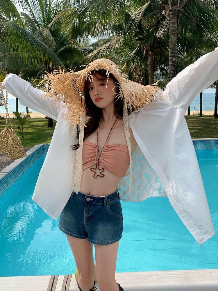 Women's Floral Leisure Korean Style Elegant Casual Long Sleeve Solid Color Blouse, For Summer Travel Vacation