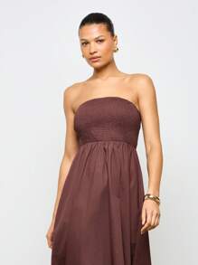 AiiRZ Midi Strapless Dress Smocked Bodice Summer Casual Tea Length A-Line High Waist Lightweight Sleeveless Sundress Wedding Guest Empire Waist Classic - Coffee - View 3