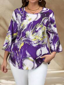EMERY ROSE Blusa de cuello redondo con manga 3/4 y estampado de mármol para mujer de talla grande - Morado - Ver 4
