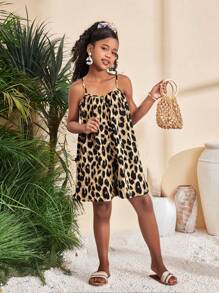 SHEIN 青少年女孩休闲度假时尚豹纹宽松吊带连体衣 - 棕色 - 查看 7