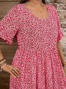 SHEIN LUNE 大码短袖圆领时尚连衣裙，适合夏季 - 紅色 - 查看 6