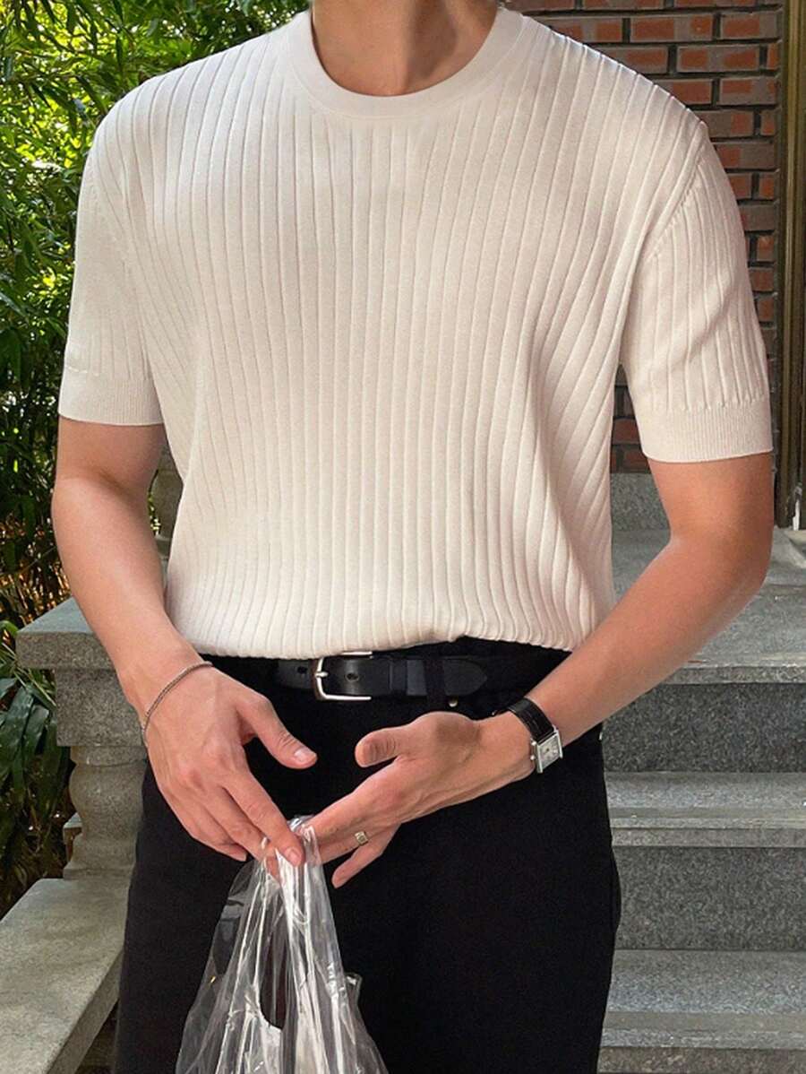 DAZY 男士圆领纯白色针织上衣，夏季 - 白色 - 查看 1