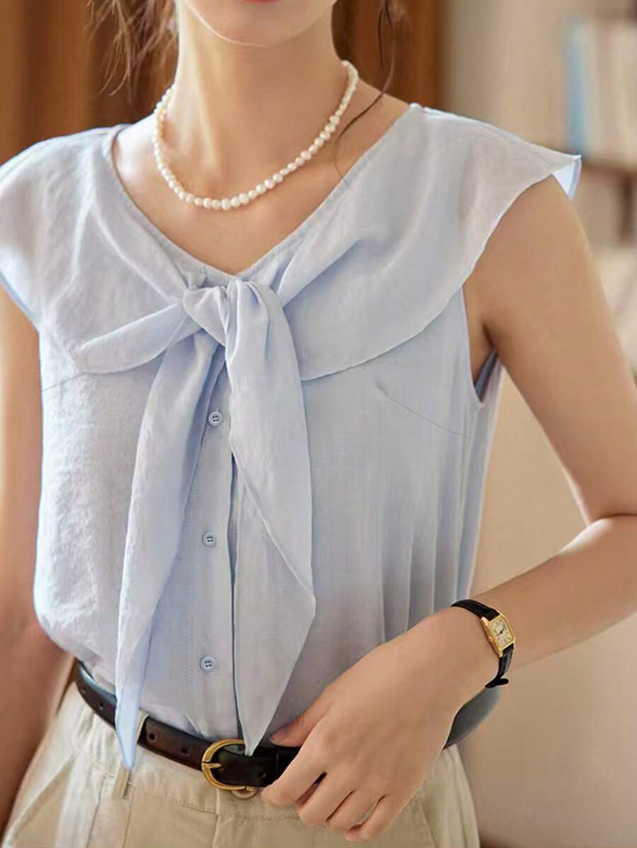 INAWLY Áo cánh không tay thường ngày cho nữ, thời trang tối giản cho hàng ngày - Màu xanh lam - Xem 1