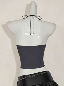 SHEIN ICON Slim Fit Lace Mock Neck Women Tank Top Goth Goth - Grey - View 5