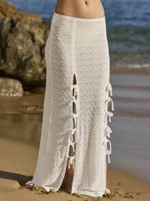 Aralina Two Pieces Lace Tie Front Split Hem Elegant Vacation Outfit Women Top And Maxi Skirt Set - White - View 5