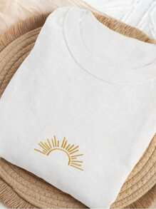 女款休閒海灘度假陽光刺繡圓領短袖T恤 白色與金色 夏季 - 白色 - 查看 3
