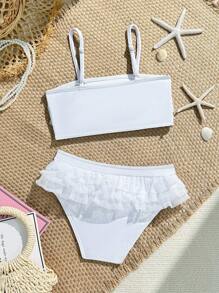 SHEIN Young Girl Solid Color Ruffle Trim Swimsuit Set - White - View 2