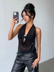 Aloruh 新款性感垂褶领露背金属装饰半透明现代上衣，锐舞上衣