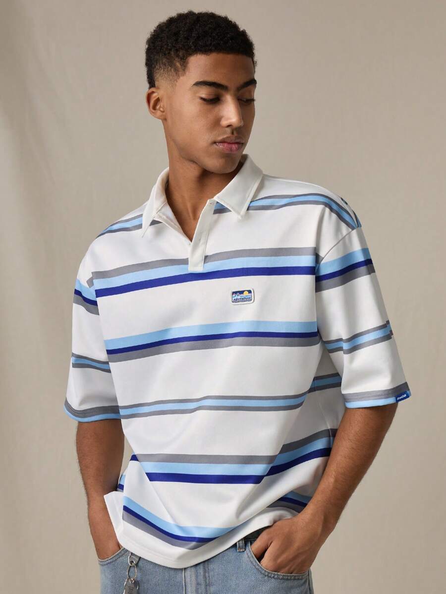 Manfinity RebelGame Young Men's Casual Loose Fit Short Sleeve Striped Polo Shirt