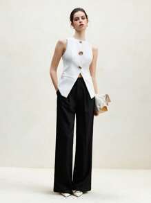 BizChic 女士优雅日常工作约会度假毕业典礼金属扣白色背心无袖露肩西装外套，适合春夏季 - 白色 - 查看 5