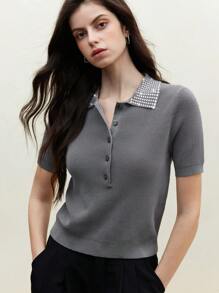 BizChic Women's Elegant Grey Diamond Rhinestones Turndown Collar Half Open Button Short Sleeve Knitted Sweater,Autumn Office Work Commuting Vacation,Gray - Grey - View 7