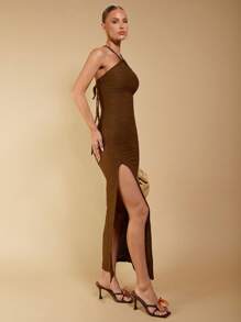COSMINA Textured Criss-cross Tie Backless Split Thigh Dress - Coffee Brown - View 3
