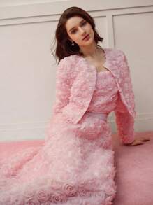 MOTF PREMIUM MESH FLORAL PATCHED BOXY COAT,VALENTINE'S DAY - Baby Pink - View 3