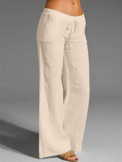 EMERY ROSE Women's White Linen Pocket Casual Trousers, Spring/Summer Fall Cloth For Women