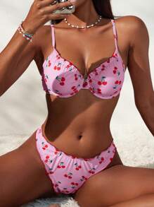 Swim Mod Conjunto de traje de baño con estampado de cerezas y volantes floral dulce para mujer