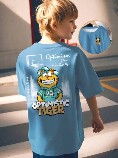 SHEIN 青少年男孩字母和卡通动物印花短袖休闲 T 恤