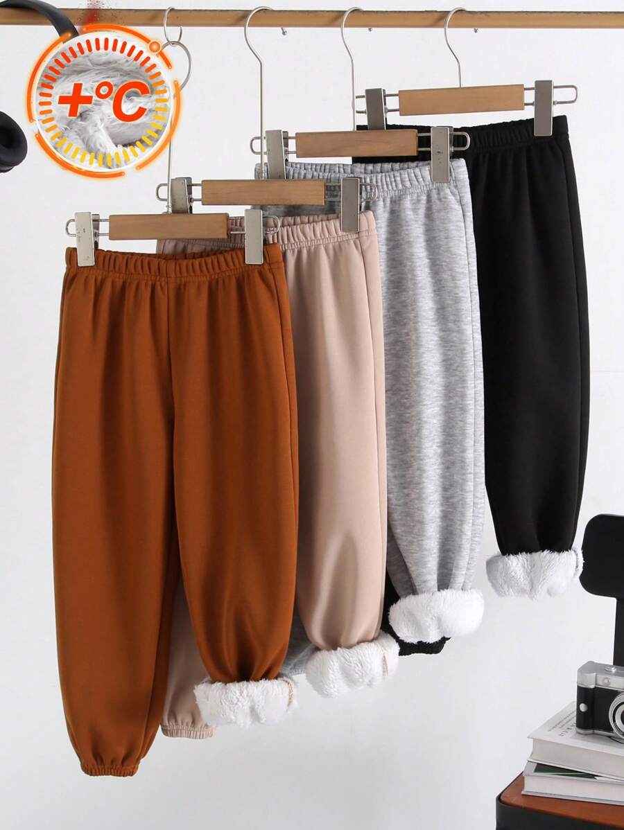 SHEIN Leap Crew 4pcs/Set Young Boys Young Girls Casual Sports Comfortable And Warm Jogger Pants Set, Black/Grey/Khaki/Brown, Suitable For Winter, Suitable For Keeping Warm, Suitable For Back To School, Suitable For Daily Use, Suitable For Christmas, Suitable For Birthday Parties, Suitable For Basic And Versatile, Suitable For Halloween, Simple And Plush. - Multicolor - View 1